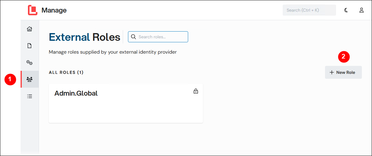 A number-annotated screenshot that indicates the User Management menu and the New Role button on the External Roles page.